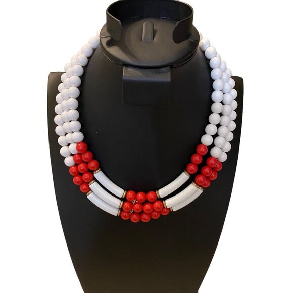 Red White Triple Strand Vintage 1960s Acrylic Beaded Statement Necklace 19" - Picture 7 of 8